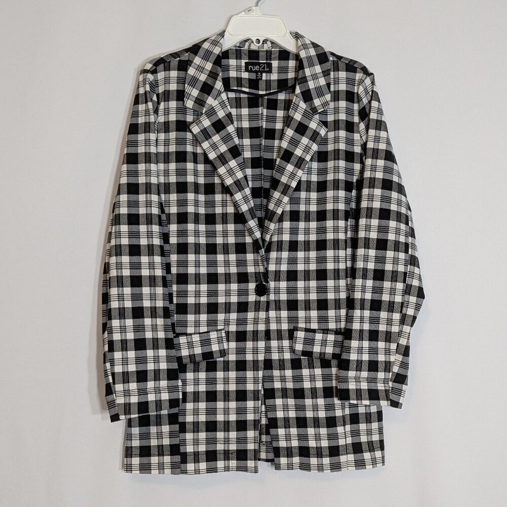 RUE21 Black/White Plaid Stretchy Mid-Length Blazer Jacket; Size M